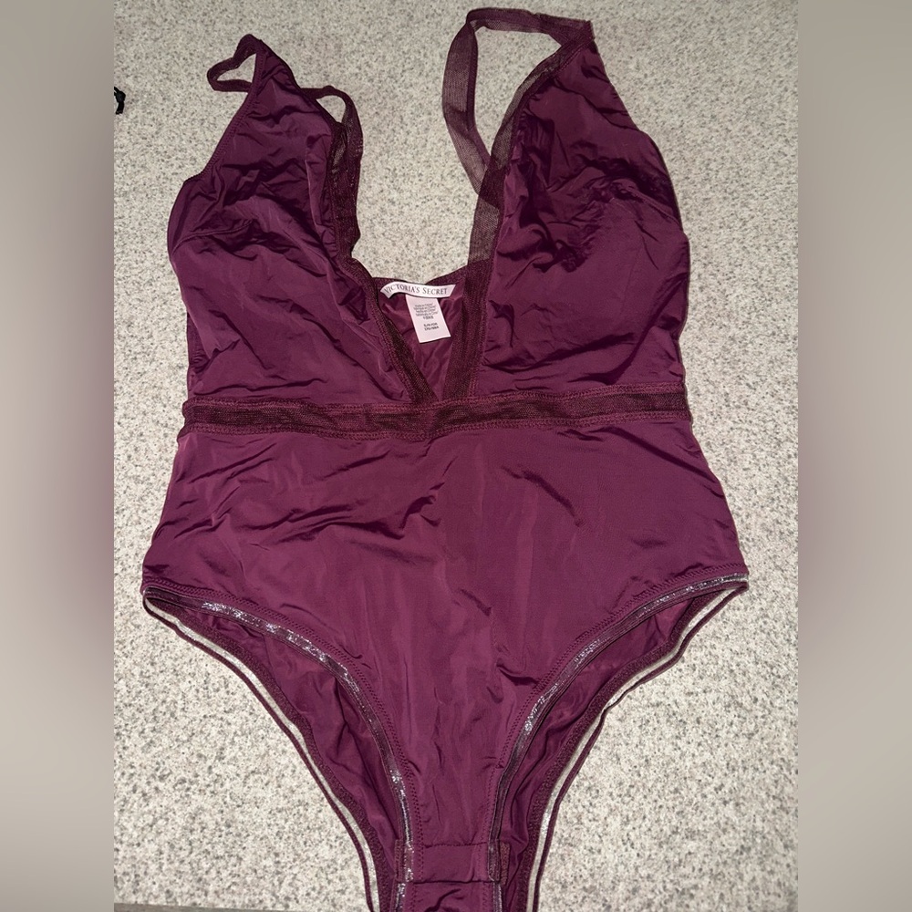 NWOT Victoria's Secret V-neck Plunge Bodysuit Burgundy Merlot Wine Sheer Panels